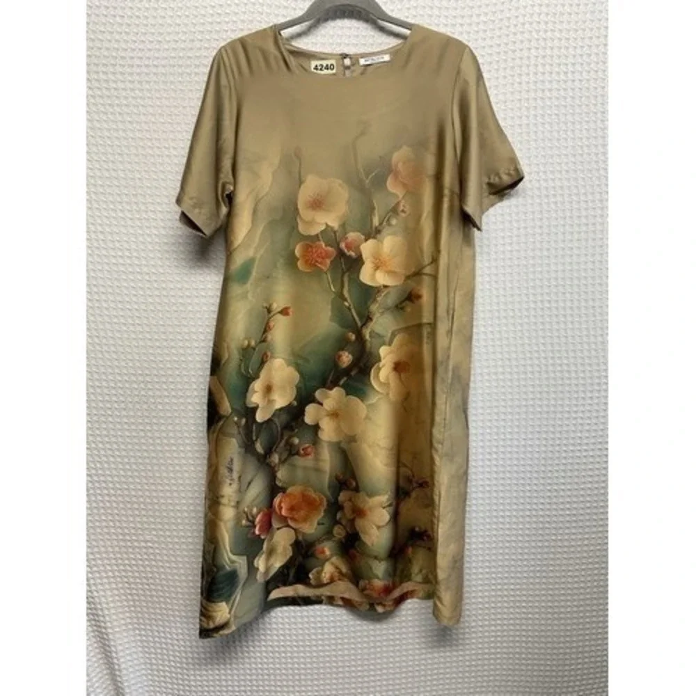 Metalicus Beige Asian Inspired Sateen Art Floral Midi‎ Shift Dress Women L China